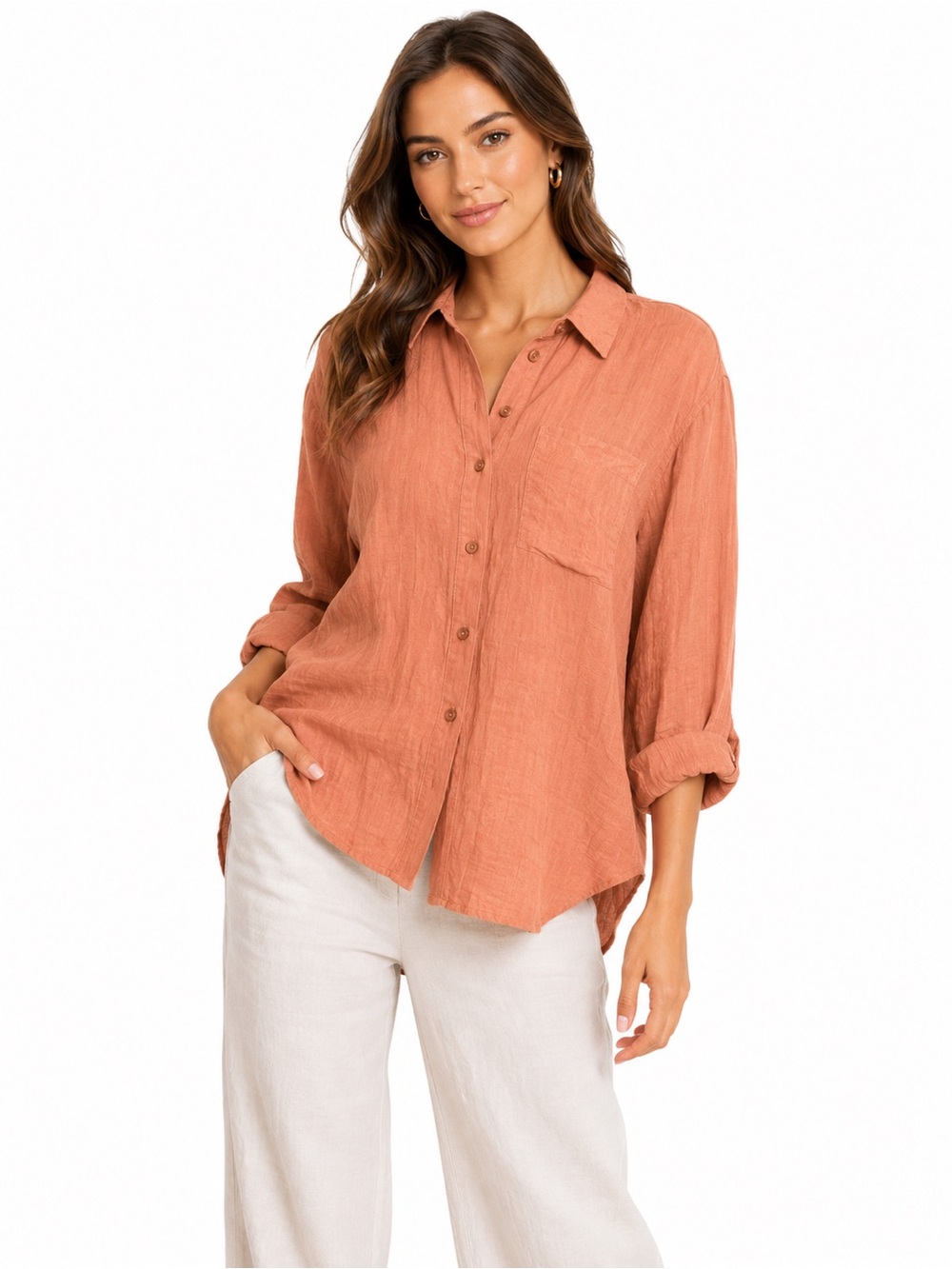 EUC‎ House of Harlow 1960 Women's Size Large Crinkle Terracotta Button-Up Shirt